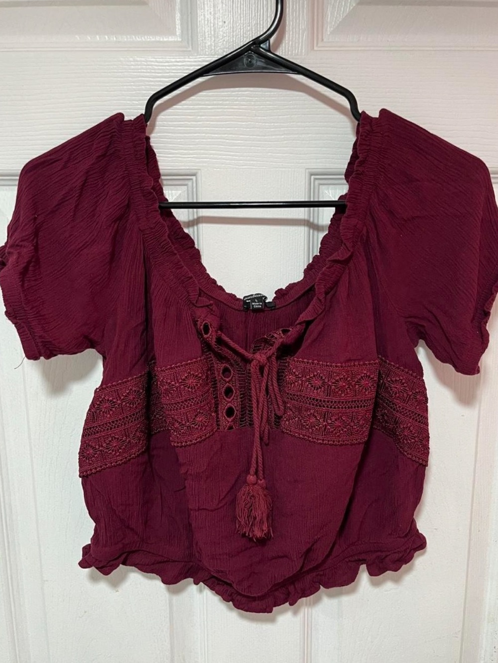 Ambiance Burgundy Lace-Up Embroidered Peasant Blouse
